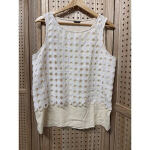 Ann Taylor Womens White Eyelet Layered Sleeveless Blouse Cream Side Zip Top Med